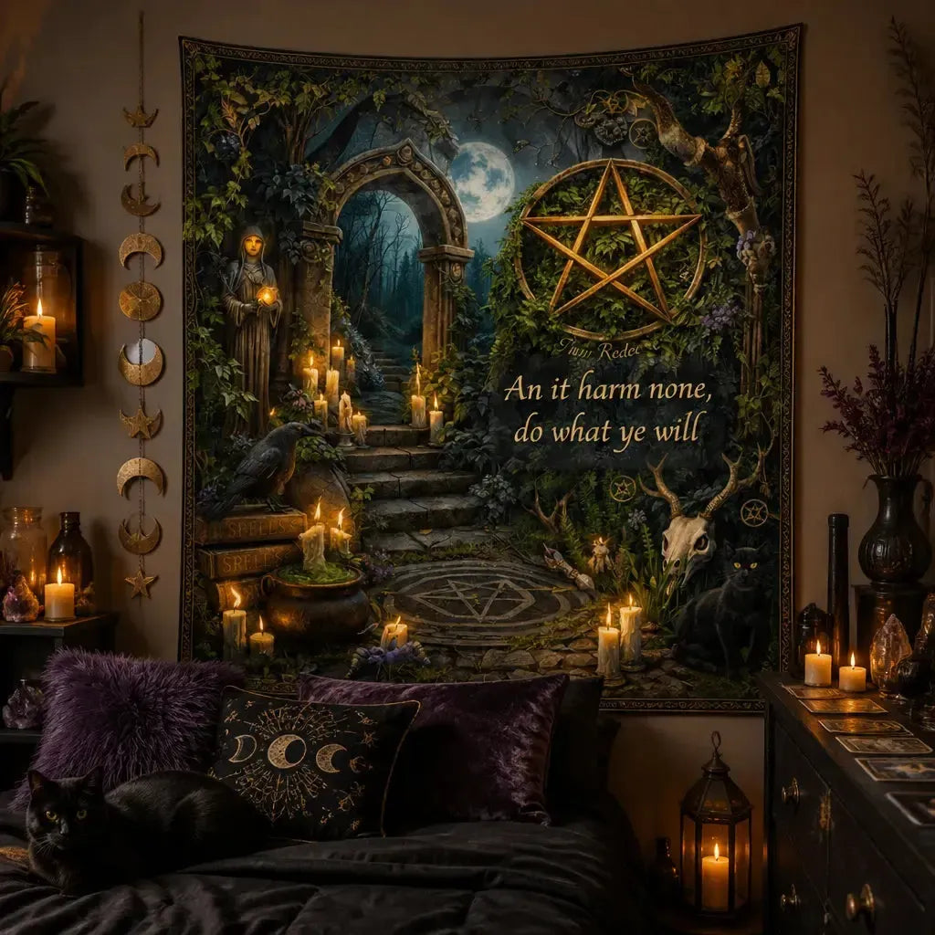 Wicca & Pagan Tapestry with Pentacle - Nature Witchy Wall Hanging_mockup_1.webp