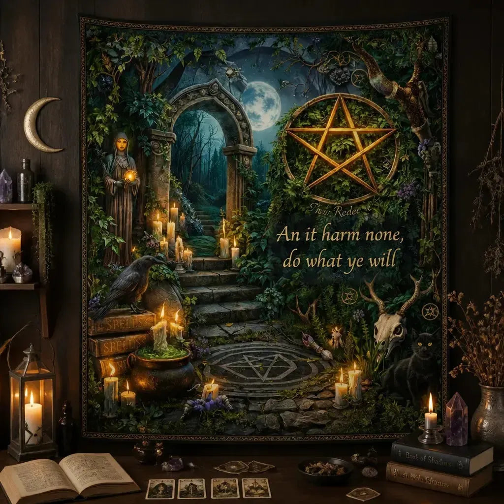 Wicca & Pagan Tapestry with Pentacle - Nature Witchy Wall Hanging_mockup_2.webp