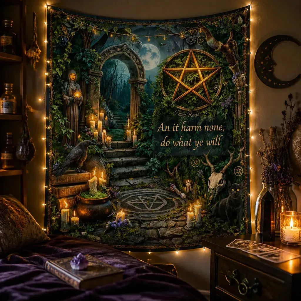 Wicca & Pagan Tapestry with Pentacle - Nature Witchy Wall Hanging_mockup_3.webp