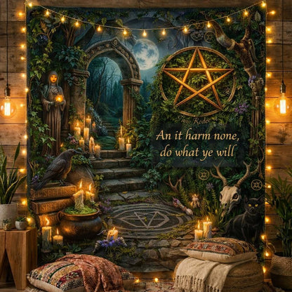 Mystical Wicca tapestry with a golden pentacle, full moon, ancient archway, candles, and "An it harm none, do what ye will" quote.