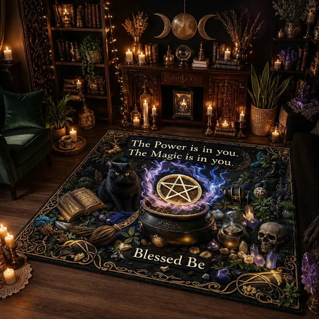 Wicca Pentacle & Gothic Black Cat Area Rug – Witchy Pagan Carpet for Dark Aesthetic Decor_mockup_1.webp