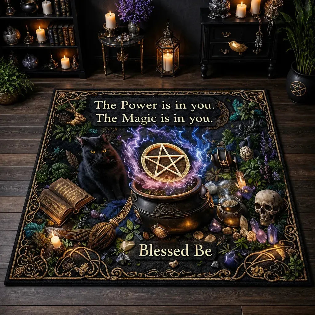 Wicca Pentacle & Gothic Black Cat Area Rug – Witchy Pagan Carpet for Dark Aesthetic Decor_mockup_2.webp