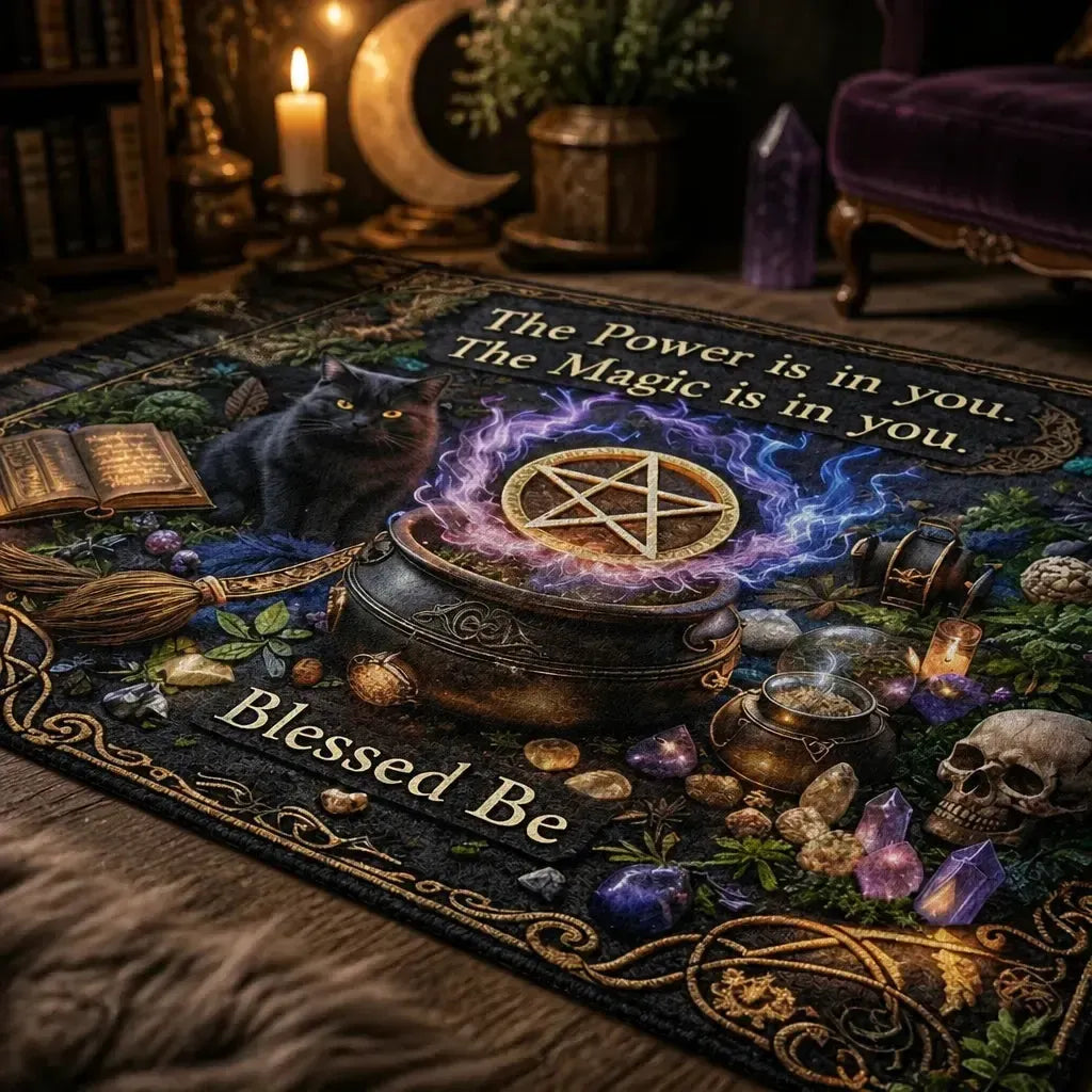 Wicca Pentacle & Gothic Black Cat Area Rug – Witchy Pagan Carpet for Dark Aesthetic Decor_mockup_3.webp