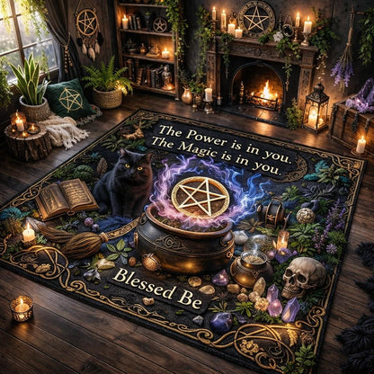 Black Wicca pentacle and gothic black cat area rug with "Blessed Be" and "The Power is in you. The Magic is in you." text.