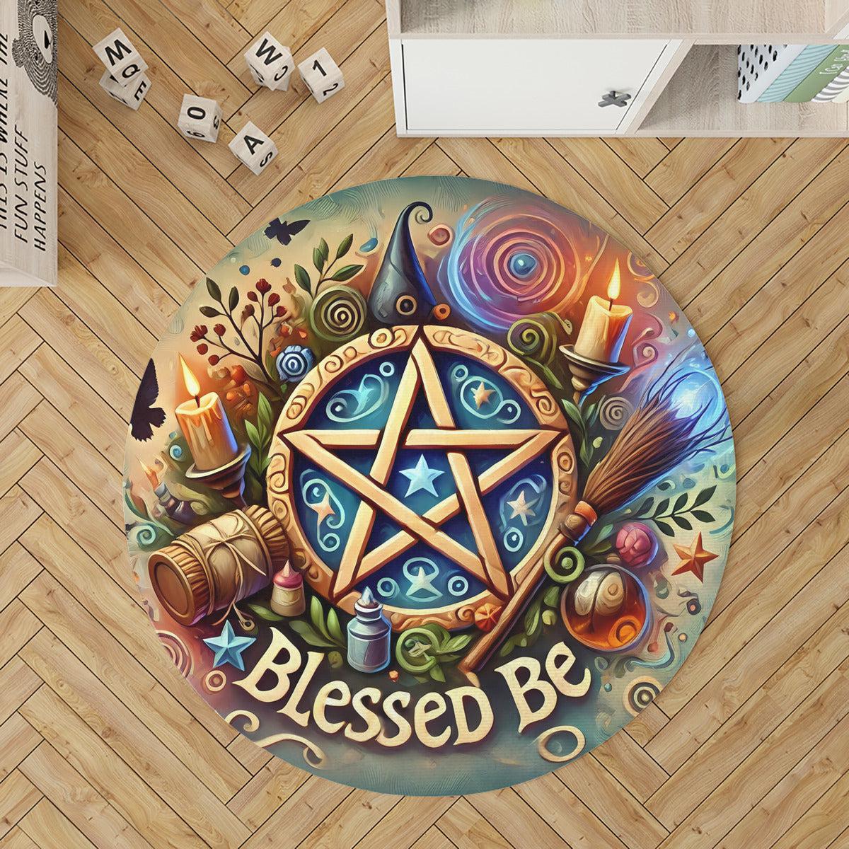 Wicca Pentacle Round Rug Blessed Be Witchy Carpet for Pagan Home Decor-MoonChildWorld