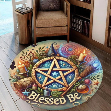 Wicca Pentacle Round Rug Blessed Be Witchy Carpet for Pagan Home Decor-MoonChildWorld
