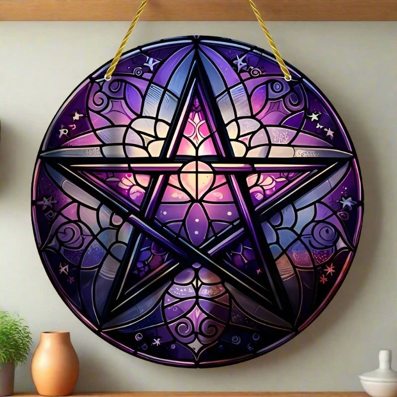 Wicca Pentacle Suncatcher Pagan Acrylic Round Sign Wicca Wall Hanging-MoonChildWorld