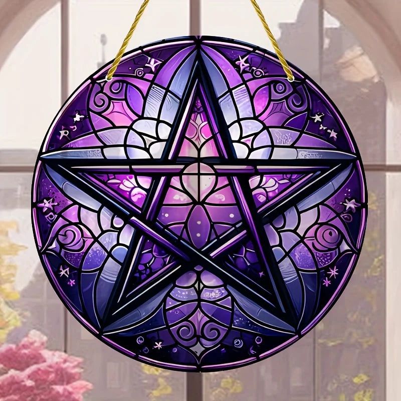 Wicca Pentacle Suncatcher Pagan Acrylic Round Sign Wicca Wall Hanging-MoonChildWorld