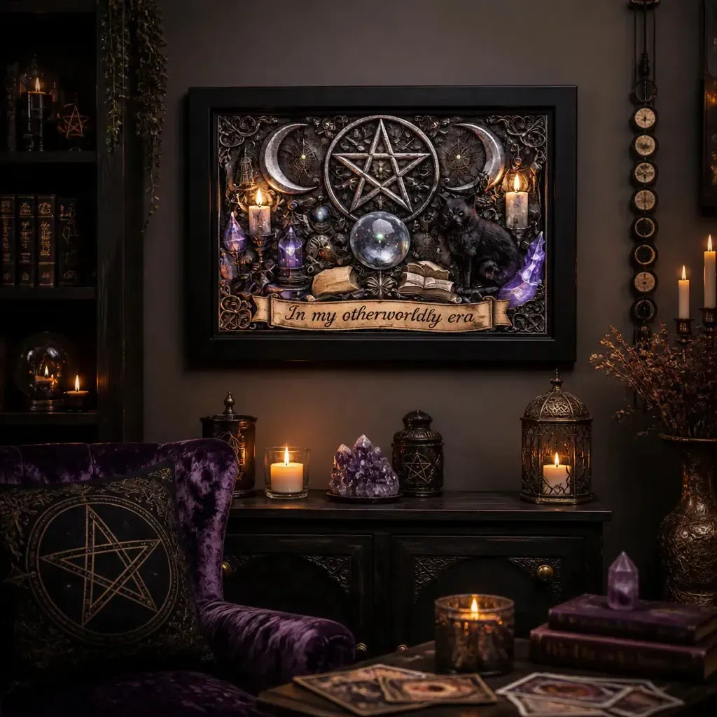 Wicca Pentacle Triple Moon & Black Cat Halloween Decor - Gothic Black Framed Art Print for Witchy Home_mockup_1.webp