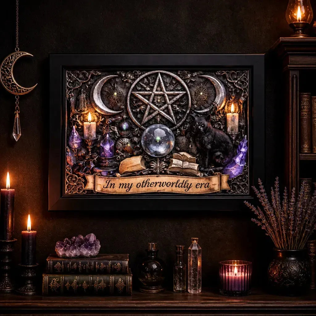 Wicca Pentacle Triple Moon & Black Cat Halloween Decor - Gothic Black Framed Art Print for Witchy Home_mockup_2.webp