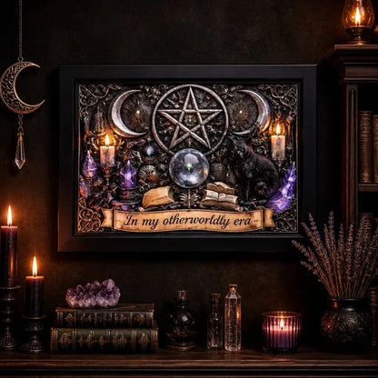 Wicca Pentacle Triple Moon & Black Cat Halloween Decor - Gothic Black Framed Art Print for Witchy Home_mockup_2.webp