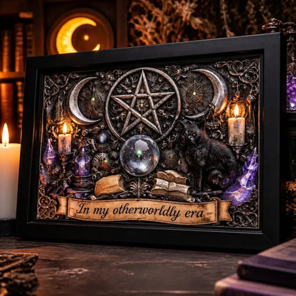 Wicca Pentacle Triple Moon & Black Cat Halloween Decor - Gothic Black Framed Art Print for Witchy Home_mockup_3.webp