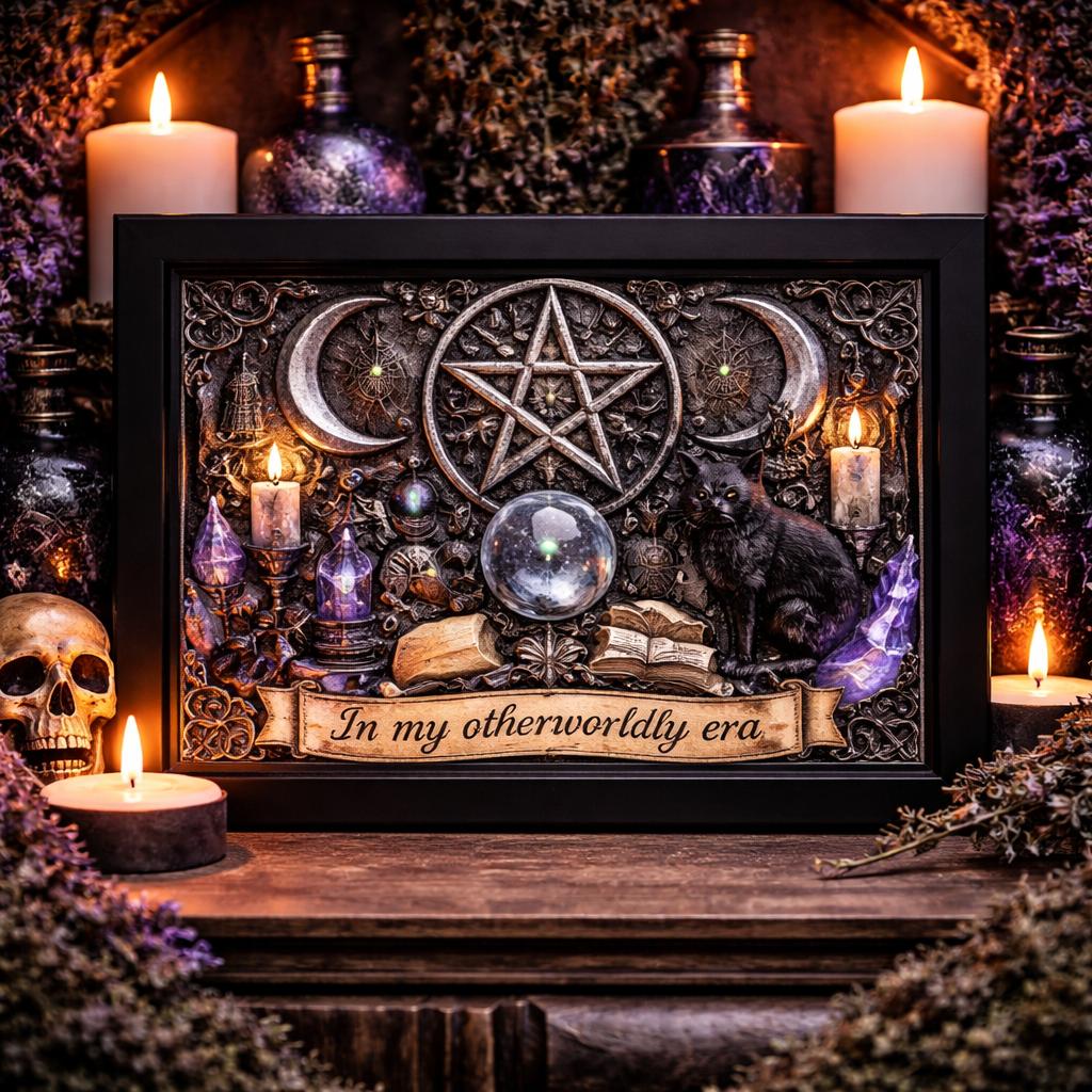 Wicca Pentacle Triple Moon & Black Cat Halloween Decor - Gothic Black Framed Art Print for Witchy Home-MoonChildWorld