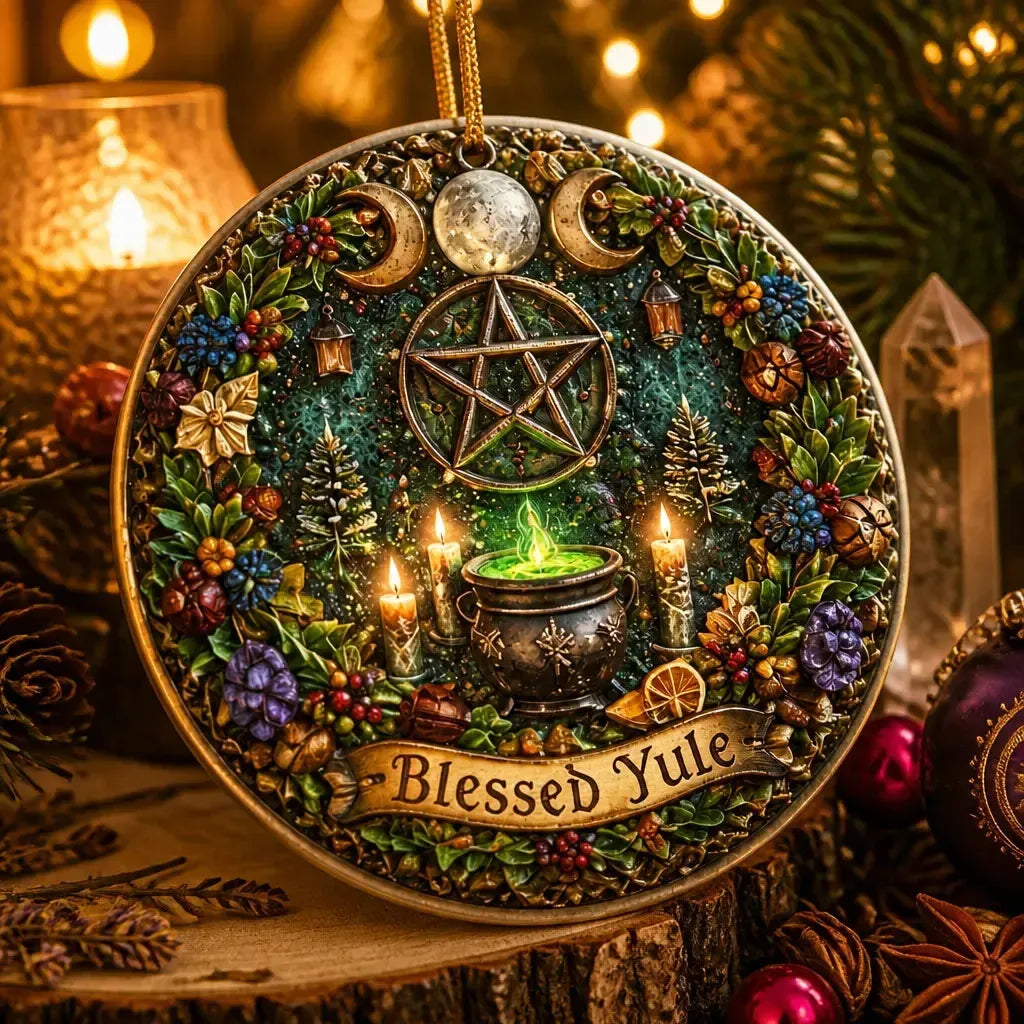 Wicca Pentacle Triple Moon Yule Ceramic Ornament – Pagan Christmas Decor_mockup_2.webp