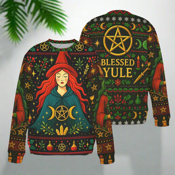 Wicca Pentacle Witch Christmas Sweatshirt Pagan Blessed Yule Sweater-MoonChildWorld
