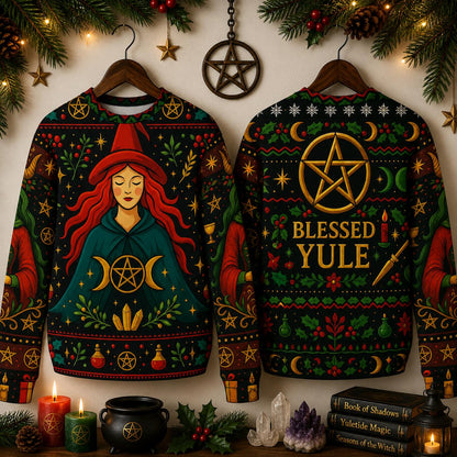 Wicca Pentacle Witch Christmas Sweatshirt Pagan Blessed Yule Sweater-MoonChildWorld
