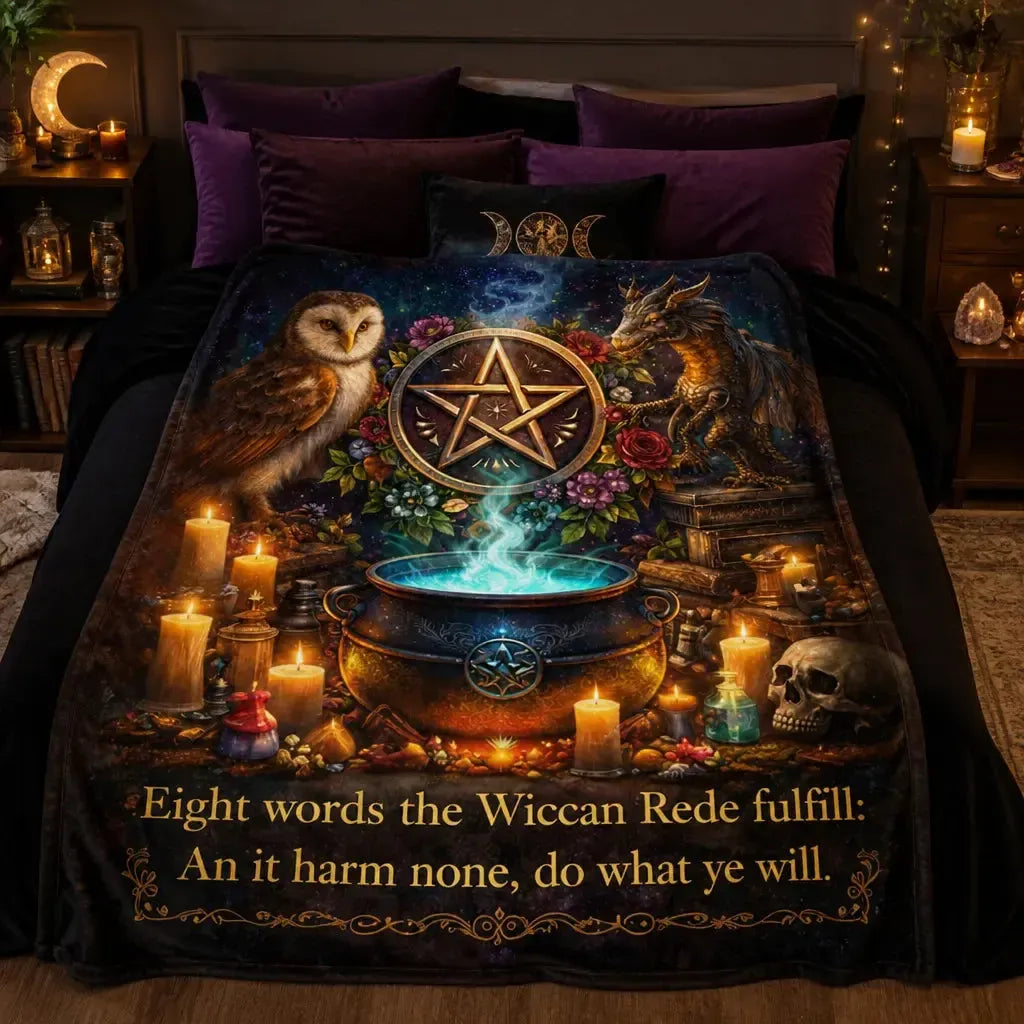 Wicca Pentacle & Witchy Cauldron, Owl, Dragon Blanket for Witchy Pagan Home Decor_mockup_2.webp