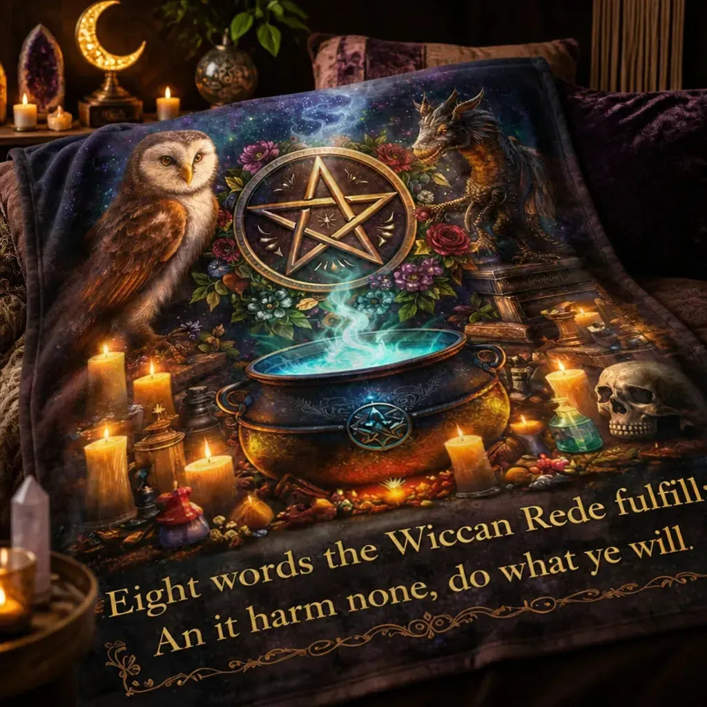 Wicca Pentacle & Witchy Cauldron, Owl, Dragon Blanket for Witchy Pagan Home Decor_mockup_3.webp