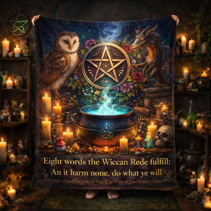 Wicca Pentacle & Witchy Cauldron, Owl, Dragon fleece blanket with "An it harm none, do what ye will" text.