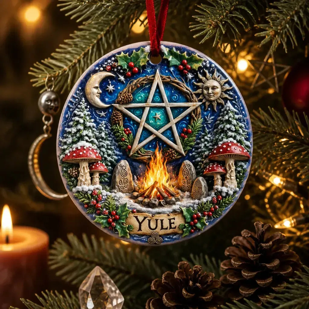 Wicca Pentacle Yule Ceramic Ornament – Pagan Christmas Decor_mockup_1.webp