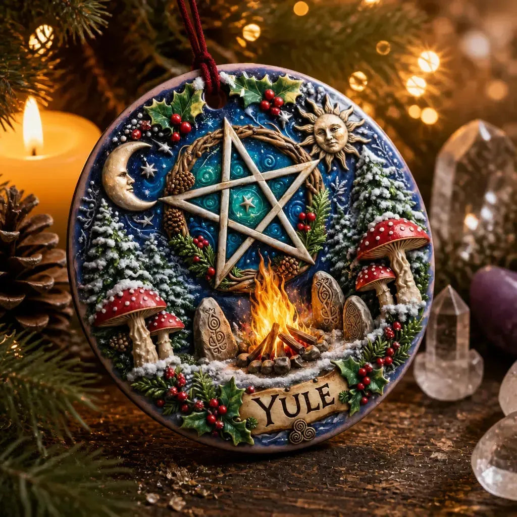 Wicca Pentacle Yule Ceramic Ornament – Pagan Christmas Decor_mockup_2.webp
