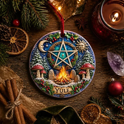 Wicca Pentacle Yule Ceramic Ornament – Pagan Christmas Decor_mockup_3.webp