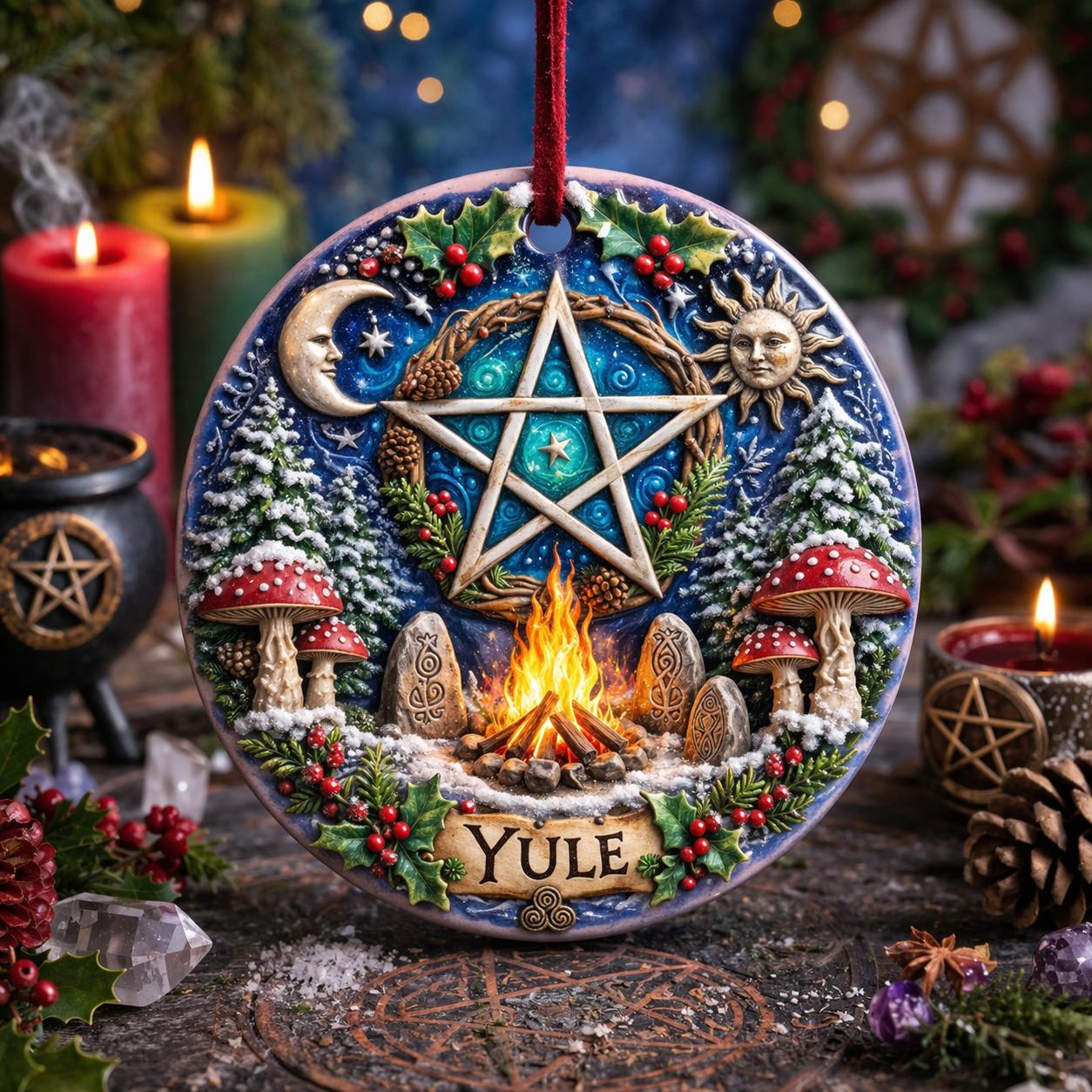 Wicca Pentacle Yule Ceramic Ornament – Pagan Christmas Decor-MoonChildWorld