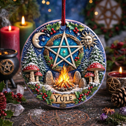 Round ceramic Yule ornament with a central pentacle, bonfire, moon, sun, snowy trees, and red holly berries.