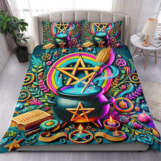 Wicca Pentagram Cauldron Witchy Bedding Set for Halloween-MoonChildWorld