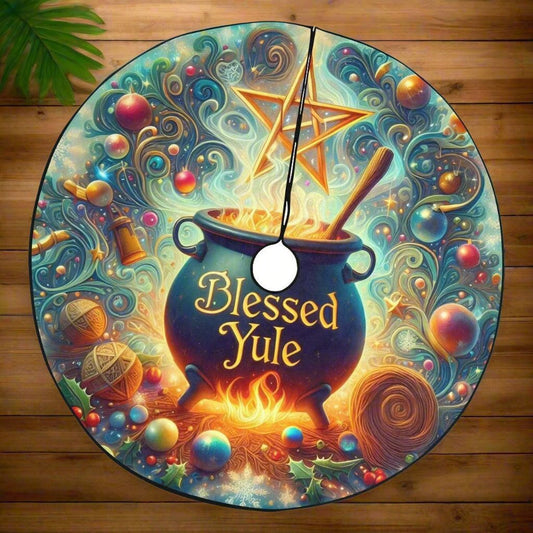 Wicca Pentagram and Witchy Cauldron Christmas Tree Skirt for Yule Decor-MoonChildWorld
