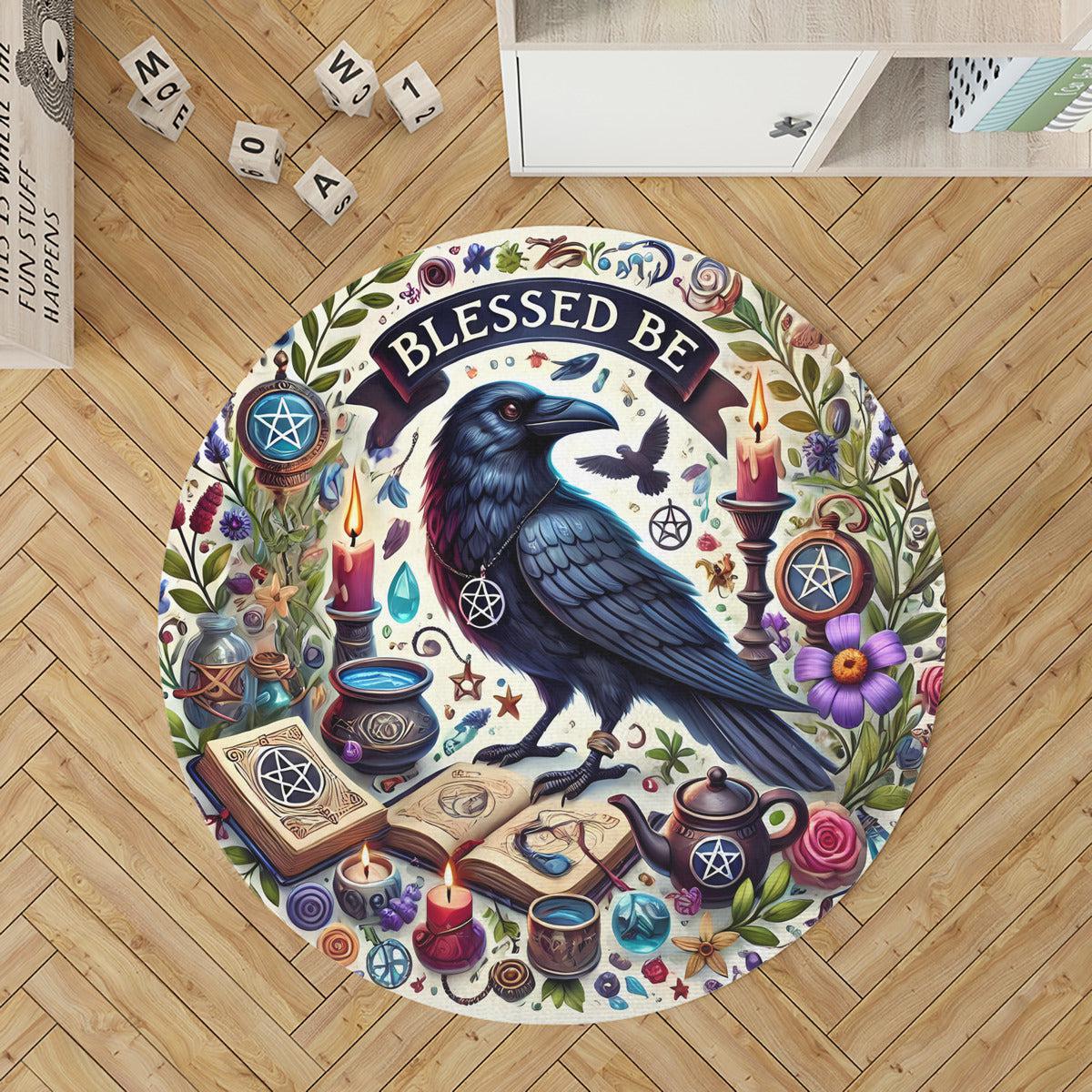 Wicca Raven Round Rug Witchy Crow Carpet for Witch Home Decor-MoonChildWorld