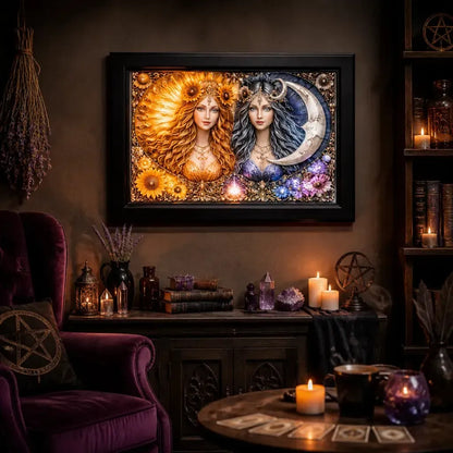 Wicca Sun and Moon Goddess Black Framed Art Print - Pagan Canvas Wall Art for Sacred Decor_mockup_1.webp