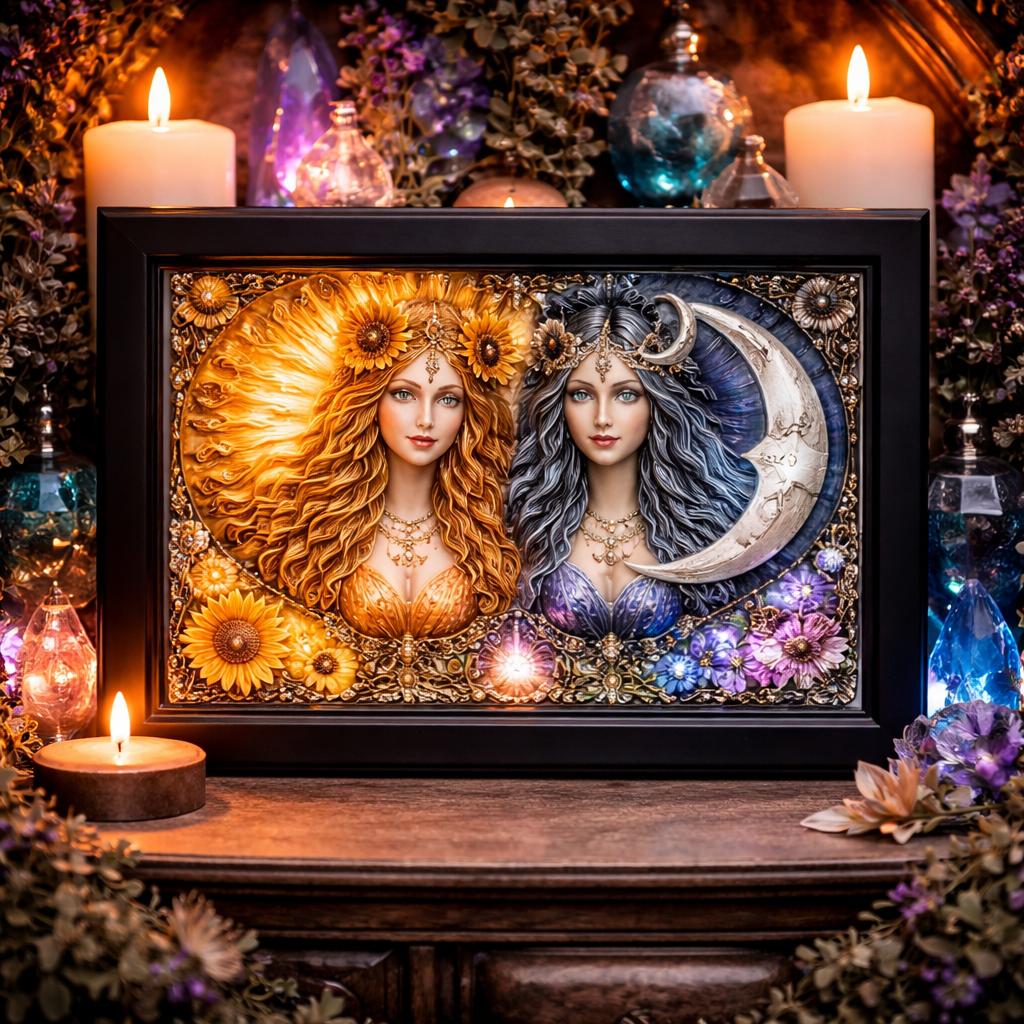 Black framed art print of two goddesses, one golden sun with sunflowers, one silver moon with purple flowers.
