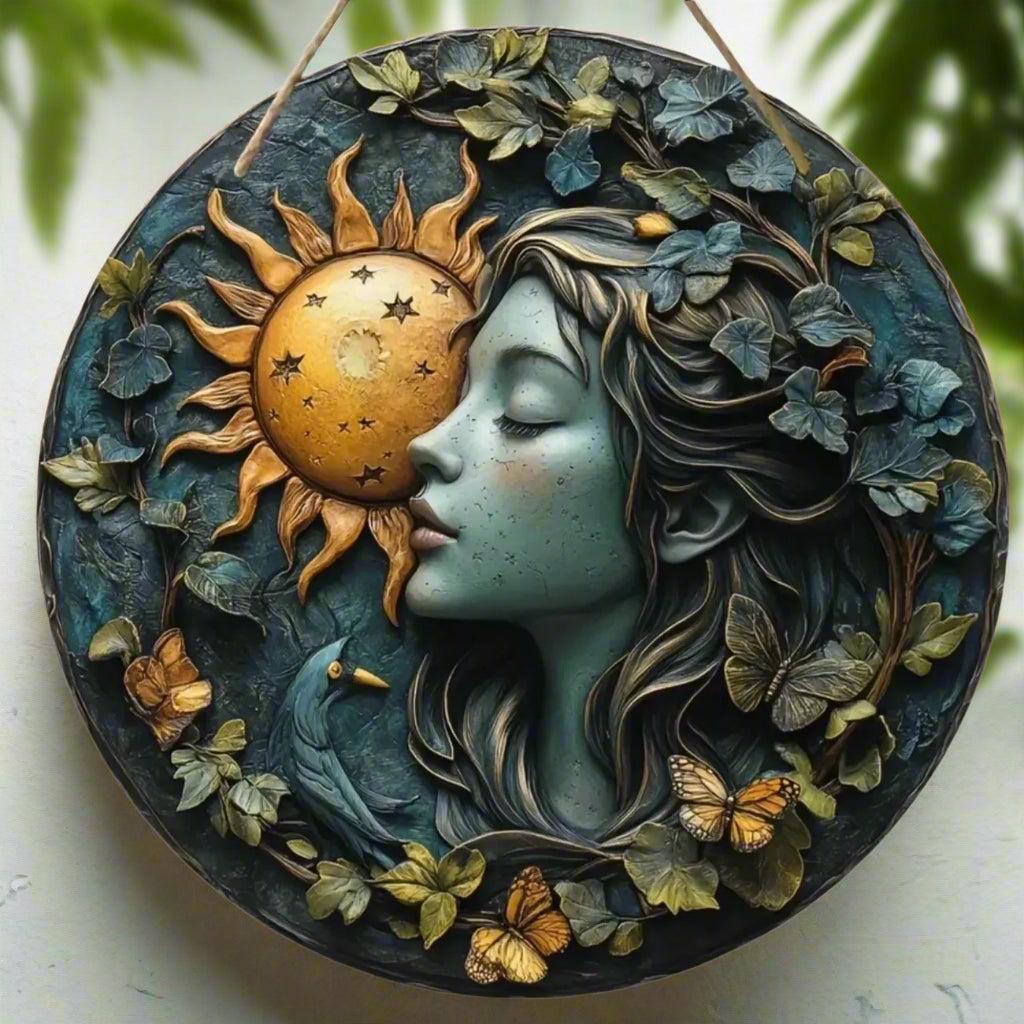 Wicca Sun and Moon Wooden Sign Celestial Goddess Hanging Sign Home Decor-MoonChildWorld