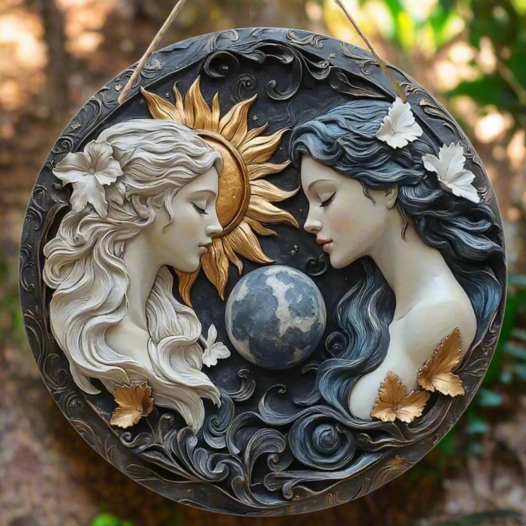 Wicca Sun and Moon Wooden Sign Celestial Goddess Hanging Sign Home Decor-MoonChildWorld