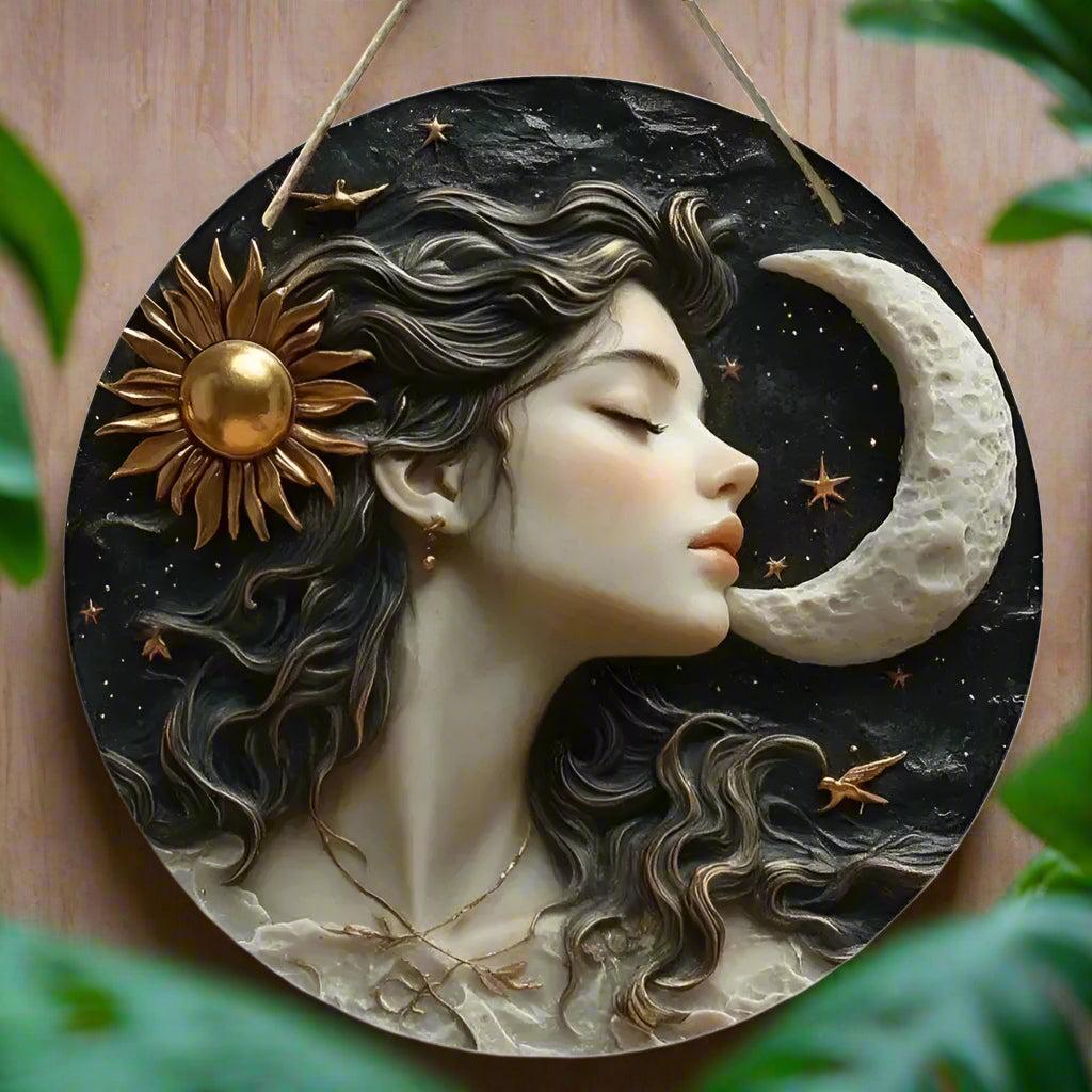 Wicca Sun and Moon Wooden Sign Celestial Goddess Hanging Sign Home Decor-MoonChildWorld