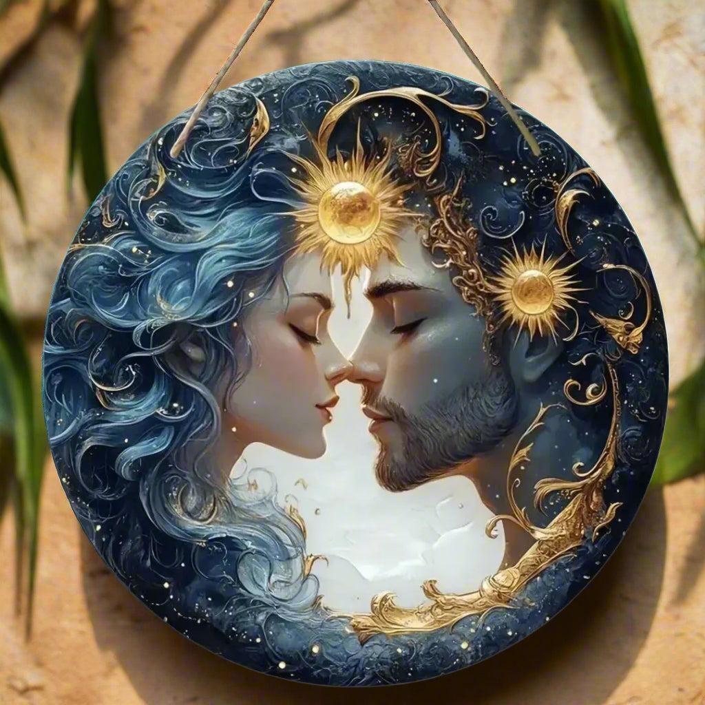 Wicca Sun and Moon Wooden Sign Celestial Goddess Hanging Sign Home Decor-MoonChildWorld
