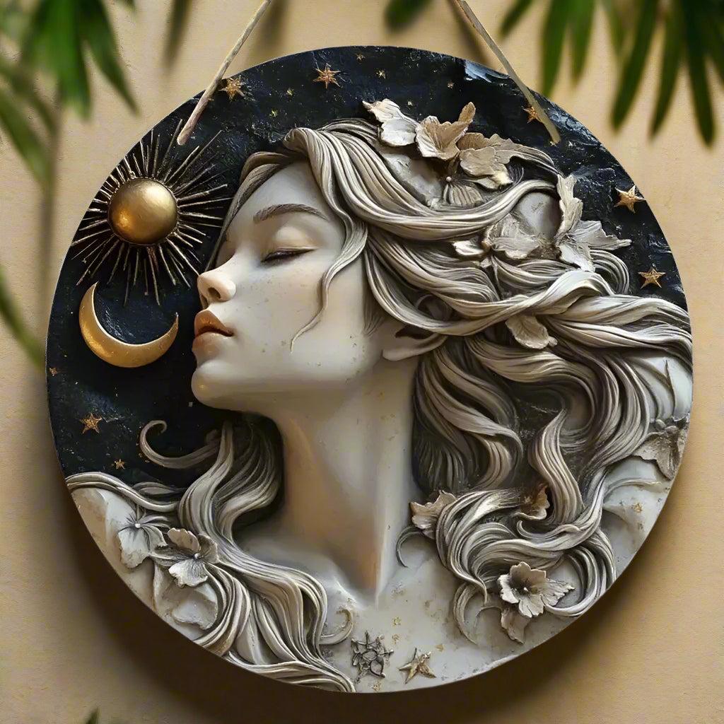 Wicca Sun and Moon Wooden Sign Celestial Goddess Hanging Sign Home Decor-MoonChildWorld