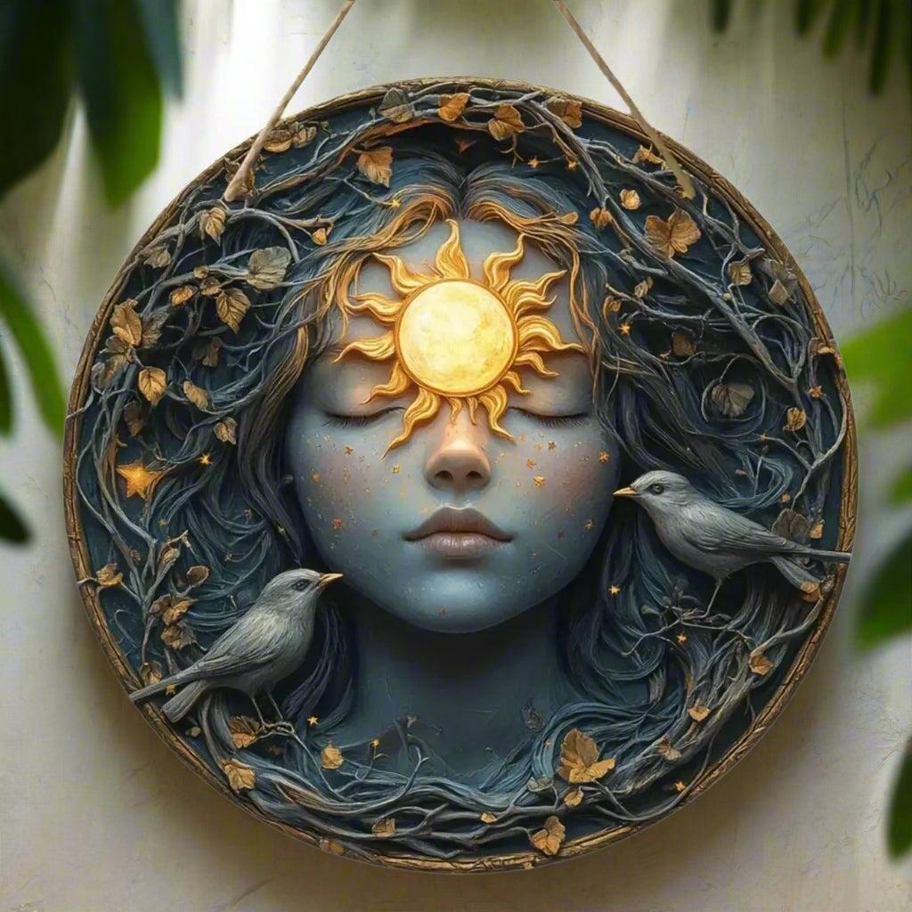 Wicca Sun and Moon Wooden Sign Celestial Goddess Hanging Sign Home Decor-MoonChildWorld