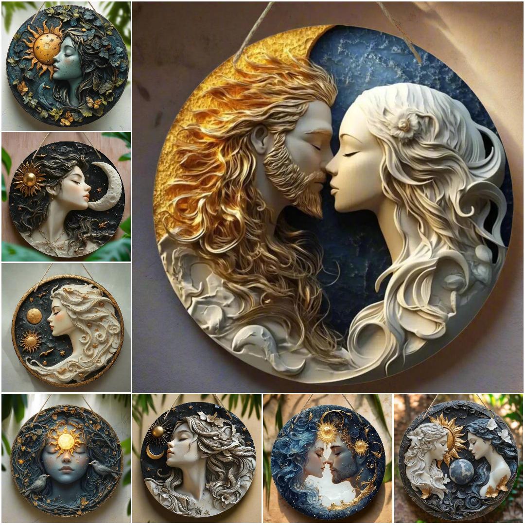 Wicca Sun and Moon Wooden Sign Celestial Goddess Hanging Sign Home Decor-MoonChildWorld