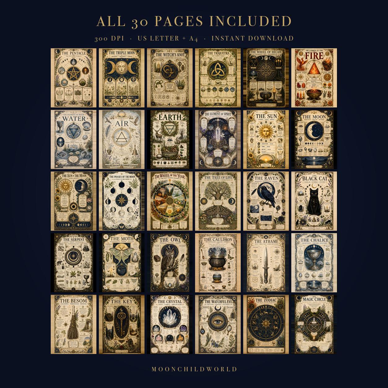 Thirty printable grimoire pages on aged parchment featuring detailed Wiccan symbols, ritual tools, and mystical illustrations.