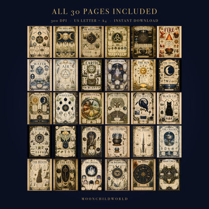 Thirty printable grimoire pages on aged parchment featuring detailed Wiccan symbols, ritual tools, and mystical illustrations.