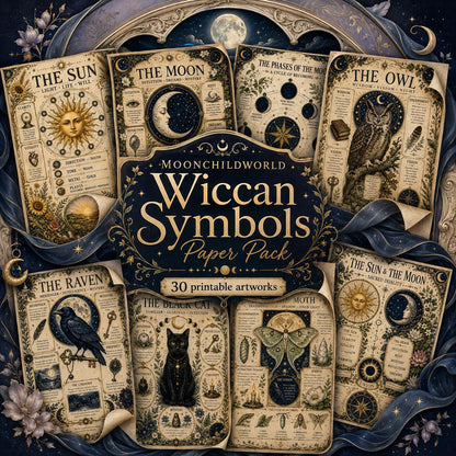 Printable Wiccan grimoire pages on aged parchment featuring detailed illustrations of the sun, moon, owl, raven, and cat.