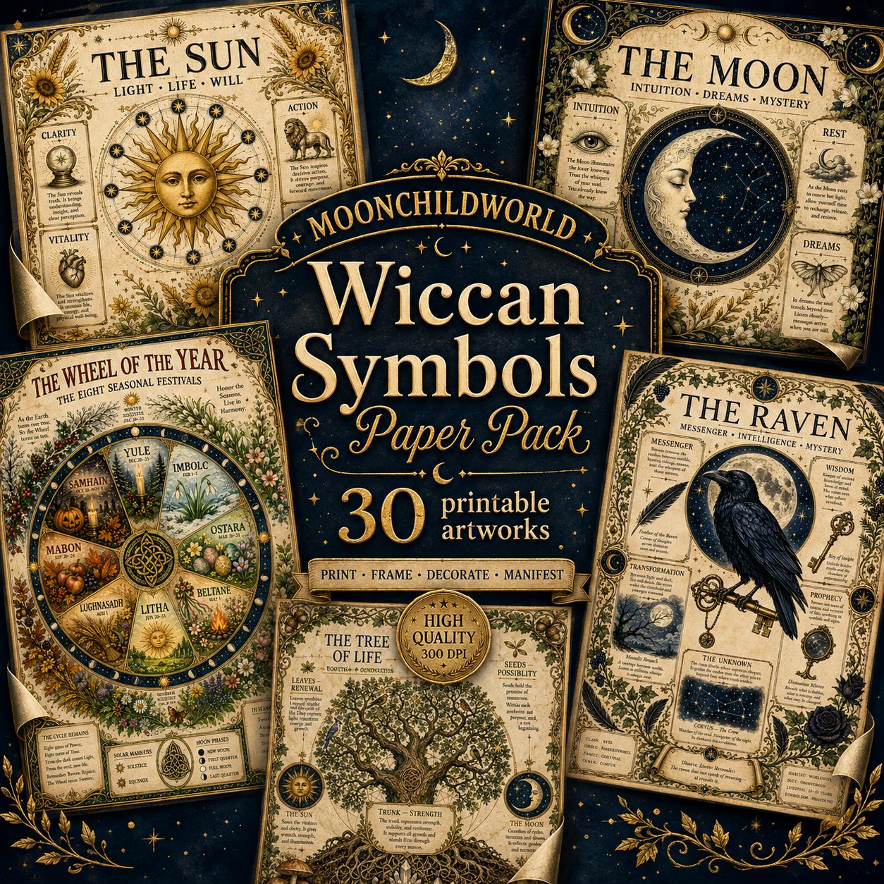 Printable Wiccan grimoire pages on aged parchment featuring detailed illustrations of the Sun, Moon, Wheel of the Year, and Raven.