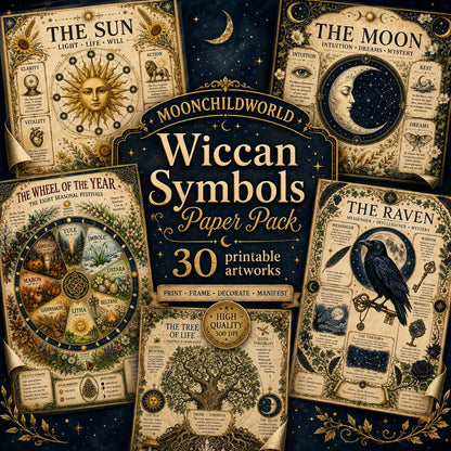 Printable Wiccan grimoire pages on aged parchment featuring detailed illustrations of the Sun, Moon, Wheel of the Year, and Raven.