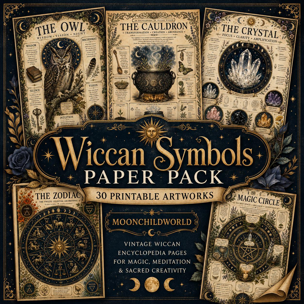 Vintage parchment pages featuring Wiccan symbols, ritual tools, and zodiac art for a printable Book of Shadows grimoire.