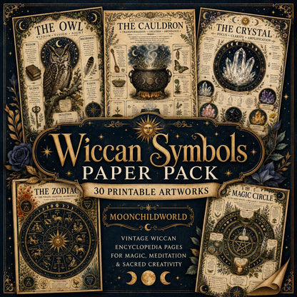 Vintage parchment pages featuring Wiccan symbols, ritual tools, and zodiac art for a printable Book of Shadows grimoire.