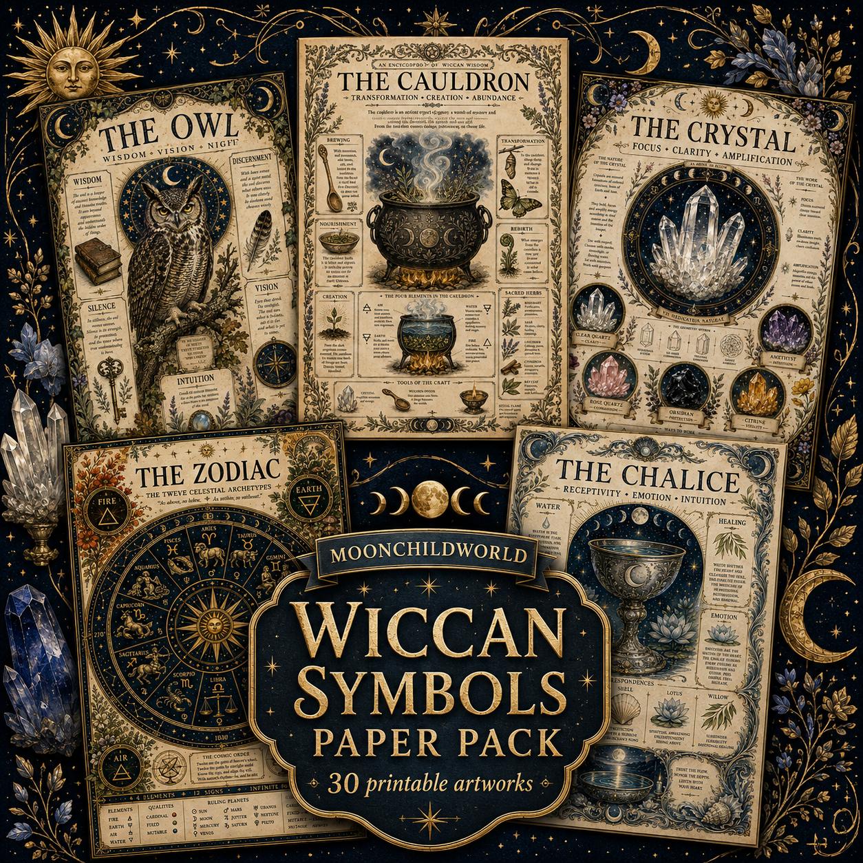 Thirty printable Wicca grimoire pages on aged parchment featuring detailed illustrations of symbols, tools, and celestial motifs.