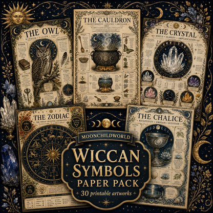 Thirty printable Wicca grimoire pages on aged parchment featuring detailed illustrations of symbols, tools, and celestial motifs.