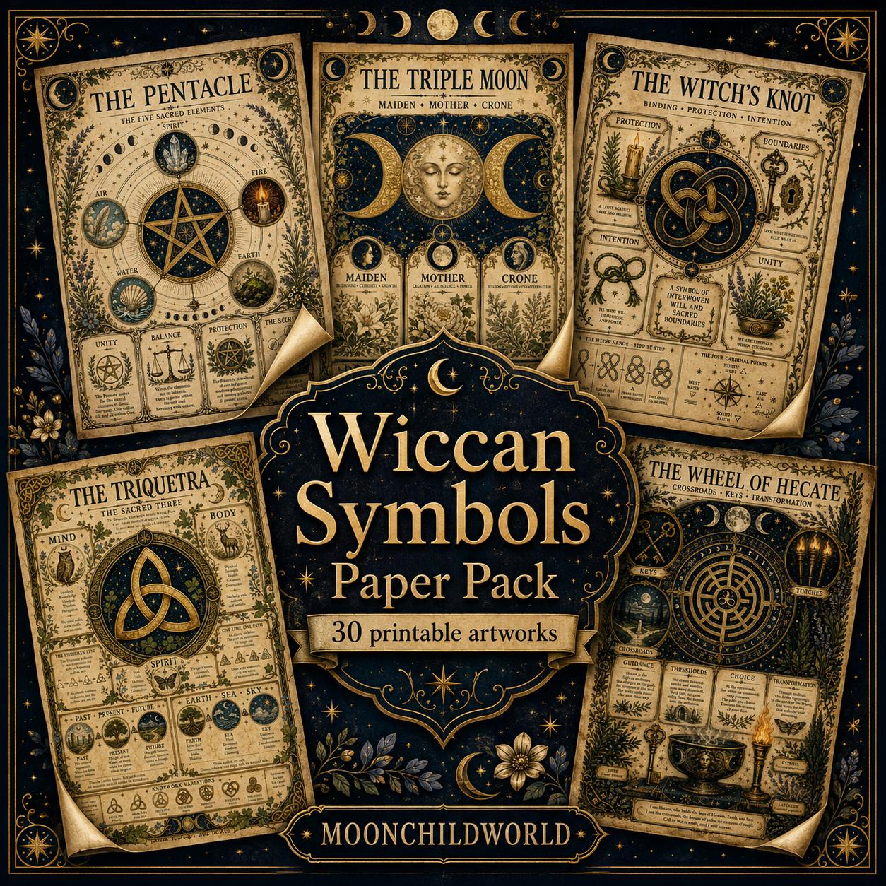 Printable grimoire pages featuring Wiccan symbols on aged parchment paper with gold accents and detailed mystical illustrations.